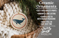 Ceramic ornaments, featuring a whale design, are displayed in a woven basket.