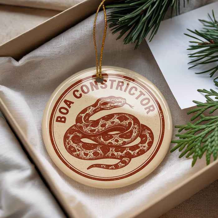 A round ornament with a snake design, hanging from a string, placed inside a box with pine branches.