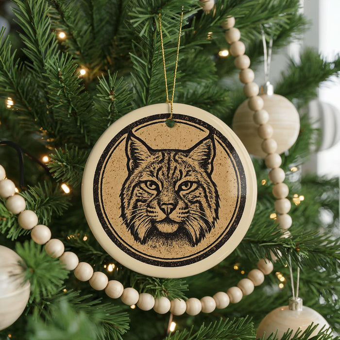 A Christmas tree decorated with ornaments, including a circular ornament featuring a black and white illustration of a bobcat's face.