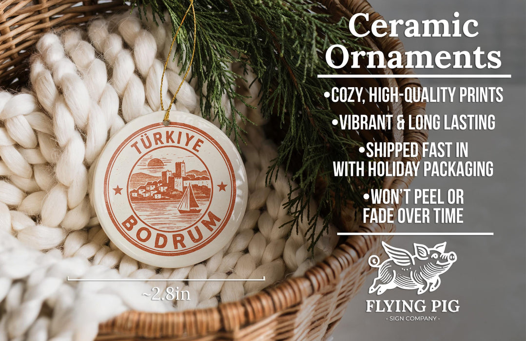 Ceramic ornaments, specifically a Turkish Bodrum ornament, are displayed in a woven basket. The text highlights the ornament's features, such as being cozy, high-quality, and long-lasting, as well as its shipping speed and packaging. The image also includes a logo for the Flying Pig sign company.