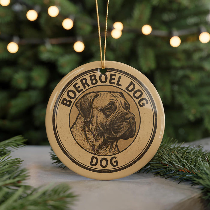 A round ornament with the text "BOERBOEL DOG" and a graphic of a dog's head is displayed in front of a Christmas tree with twinkling lights.