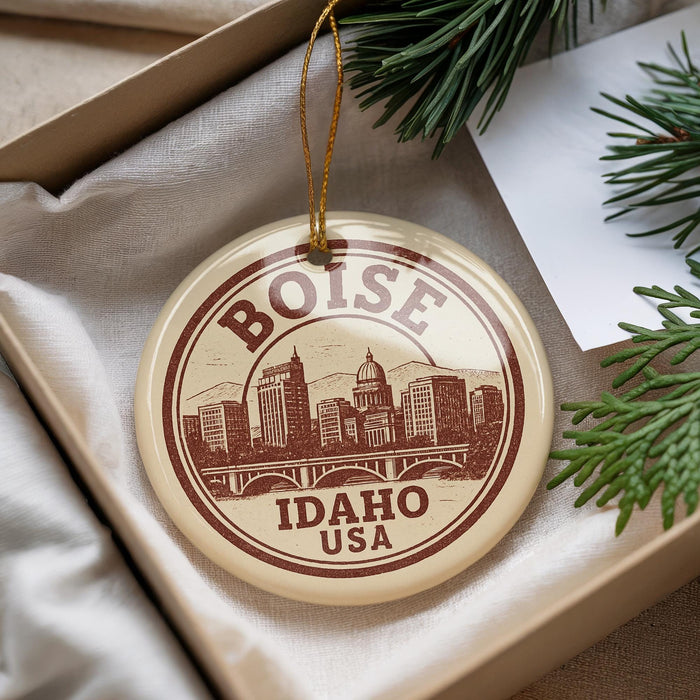A circular ornament with the text "BOISE IDAHO USA" printed on it, hanging from a string.