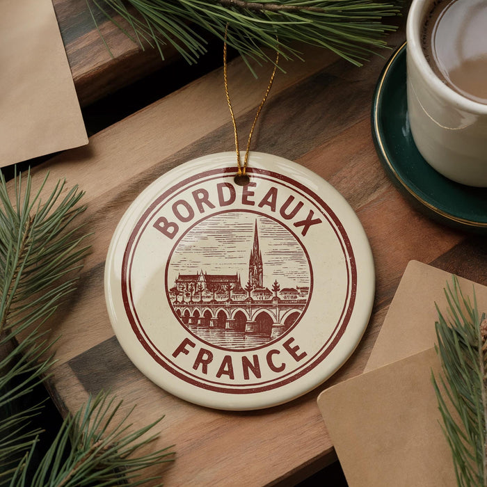 A decorative ornament with the text "BORDEAUX FRANCE" on it, featuring a cityscape illustration, is displayed on a wooden surface alongside a cup of coffee and some pine branches.