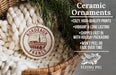 a ceramic ornament in a basket, with a description of the ornament and its features.