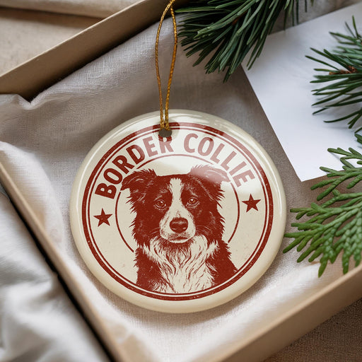A round ornament featuring a Border Collie dog, with the text "BORDER COLLIE" printed on it, is displayed in a box with pine branches.