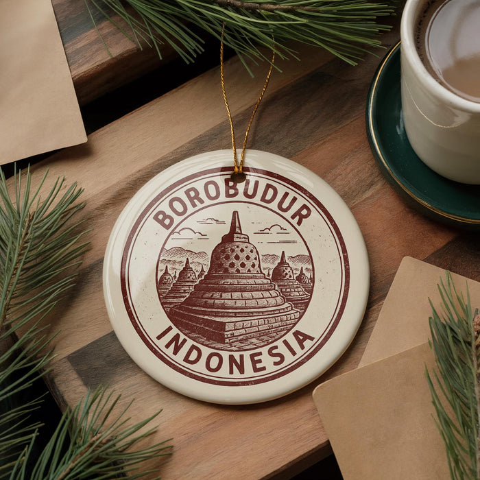 A circular ornament with the text "BOROBUDUR INDONESIA" and an illustration of Borobudur temple, which is a famous landmark in Indonesia. The ornament is hanging on a wooden surface, surrounded by pine branches and a cup of coffee.