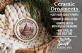 Ceramic ornaments, featuring a round ornament with a design of Borobudur, Indonesia, hanging from a wicker basket.