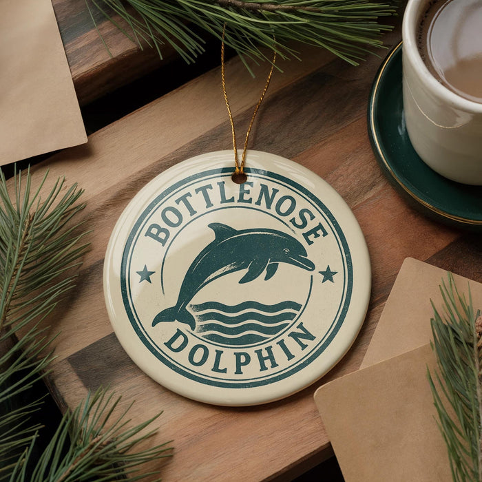 A round ornament with the text "BOTTLENOSE DOLPHIN" and a graphic of a dolphin is displayed on a wooden surface, surrounded by pine branches and a cup of coffee.