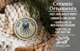 Ceramic ornaments, including a round ornament with a jellyfish design, are displayed in a woven basket.