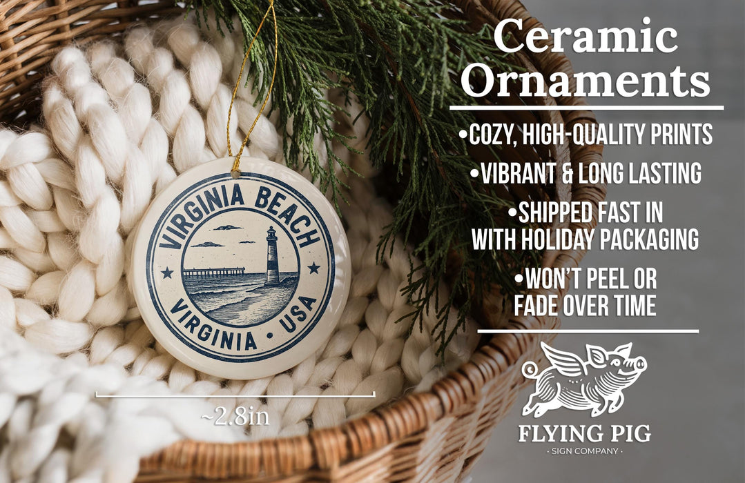 a ceramic ornament hanging from a wicker basket, with a description of the ornament and its features.