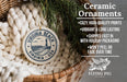 a ceramic ornament hanging from a wicker basket, with a description of the ornament and its features.