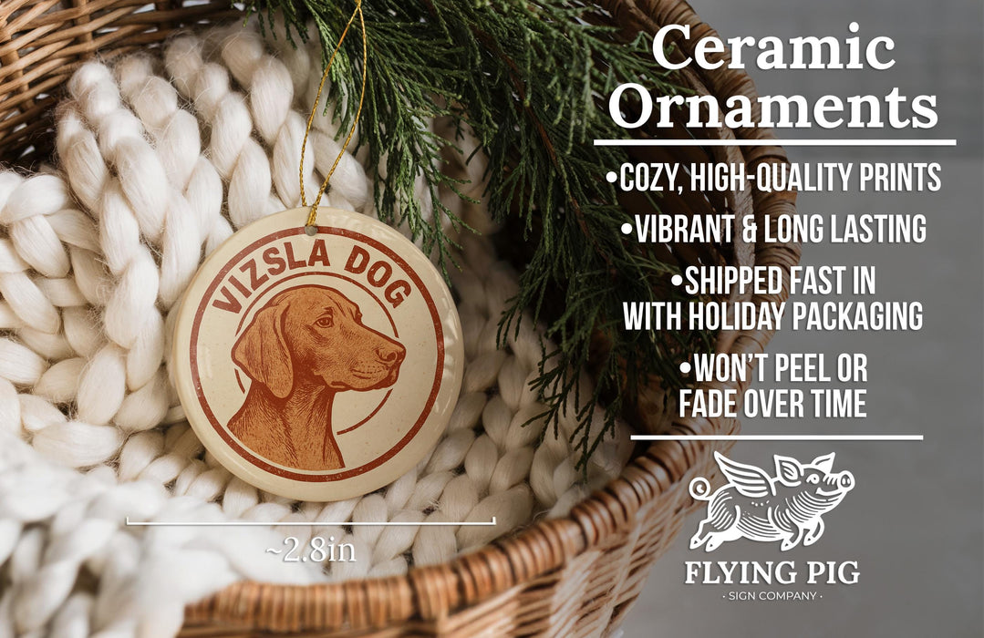 Ceramic ornaments, featuring a ceramic dog ornament with the text "Vizla Dog" and a wicker basket with pine branches.