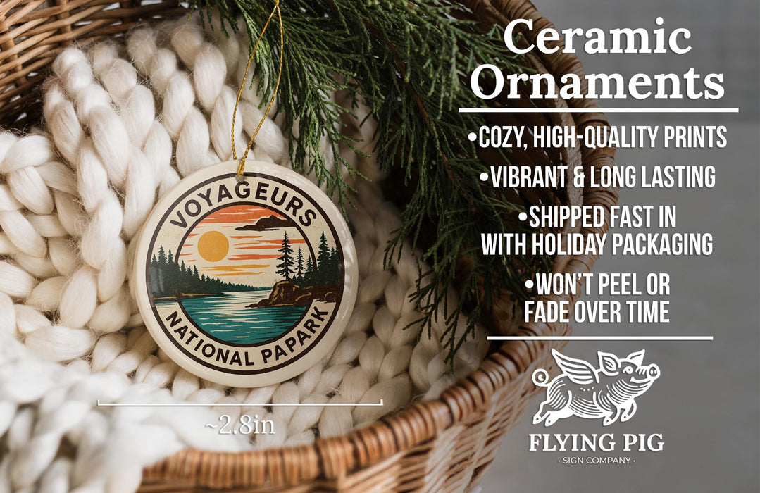 a ceramic ornament hanging from a wicker basket, with a text overlay providing information about the ornament.