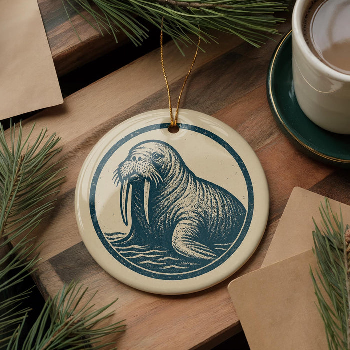 A circular ornament featuring a walrus with tusks, hanging on a wooden surface next to a cup of coffee and some pine branches.