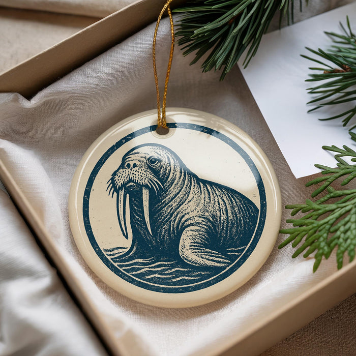 A circular ornament featuring a walrus with large tusks, hanging from a string.