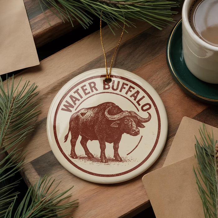 A circular ornament featuring a buffalo illustration and the text "WATER BISON" is displayed on a wooden surface, surrounded by pine branches and a cup of coffee.