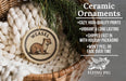 Ceramic ornaments, featuring a Weasel ornament with a cozy, high-quality print, a vibrant and long-lasting design, and fast shipping. The ornament is described as a "Shipped fast in with holiday packaging" and " Won't peel or fade over time". The image also includes a scale for the ornament's size, with the text "2.8in" and a logo for "FLYING PIG - SIGN COMPANY".