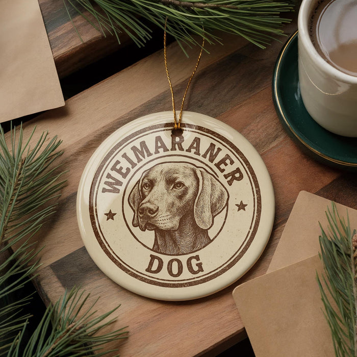 A round ornament with the text "Weimaraner Dog" and a dog's head image is displayed on a wooden surface, surrounded by pine branches and a cup of coffee.