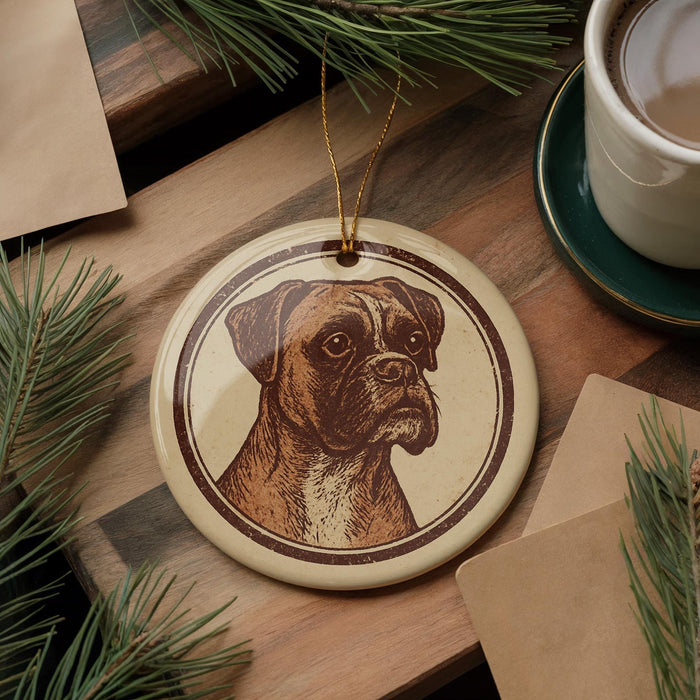 a circular ornament with a brown dog illustration on it, placed on a wooden surface next to a cup of coffee and some pine branches.