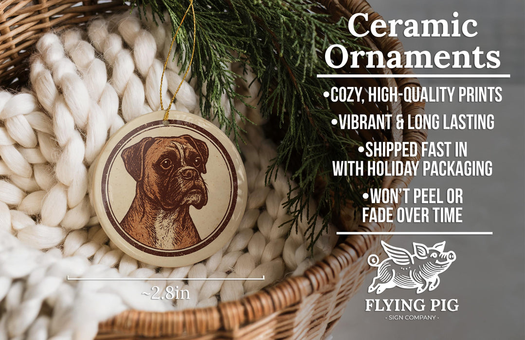 Ceramic ornaments, featuring a brown dog illustration, are displayed in a wicker basket.