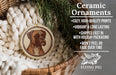 Ceramic ornaments, featuring a brown dog illustration, are displayed in a wicker basket.