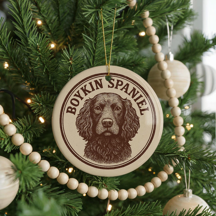 A round ornament with a brown dog's face on it, hanging from a Christmas tree.