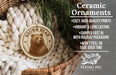 Ceramic ornaments featuring a brown bear image, with text describing the ornaments as cozy, high-quality prints, vibrant, long-lasting, and shipped fast in holiday packaging.
