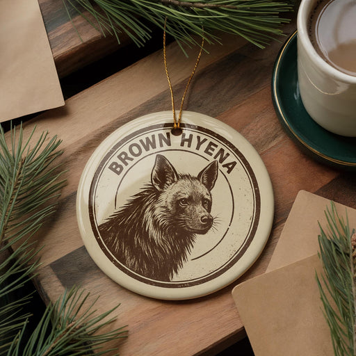 A circular ornament featuring a close-up image of a hyena's face, with the text "BROWN HYENA" printed on it, is displayed on a wooden surface alongside a cup of coffee and some pine branches.