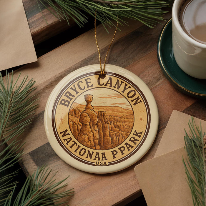A circular ornament with the text "BRYCE CANYON NATIONAL PARK USA" and an illustration of a person standing in front of a canyon, hanging on a string.