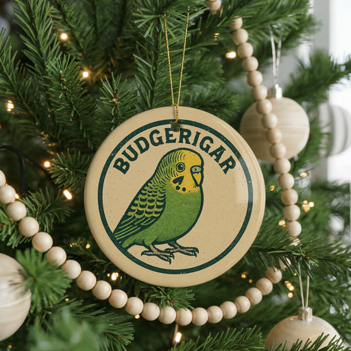 A circular ornament on a Christmas tree featuring a green parakeet, with the word "BUDGERIGAR" written on it.