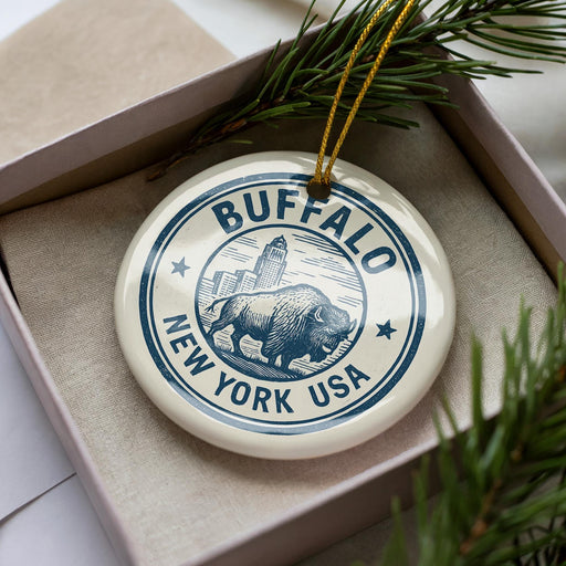 A decorative ornament in a box, featuring a circular design with a bison and the text "BUFFALO NEW YORK USA".