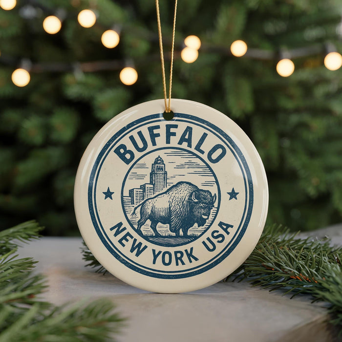 A circular ornament with the text "BUFFALO NEW YORK USA" and an illustration of a buffalo, hanging from a string.