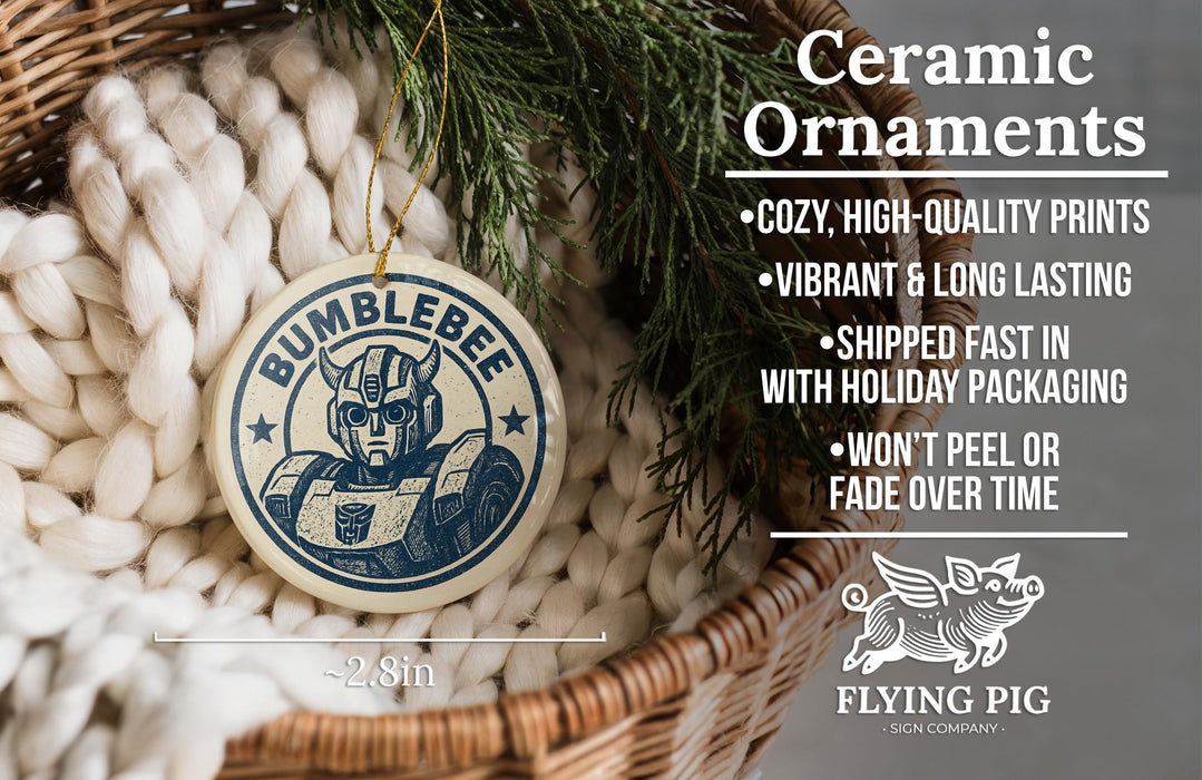 Ceramic ornaments featuring a Bumblebee character are displayed in a woven basket, with a description of the ornaments and their features.