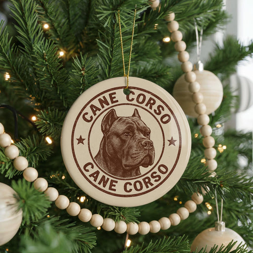 A Christmas tree decorated with ornaments, including a large circular ornament with a picture of a dog's head and the text "CANE CORSO" around it.