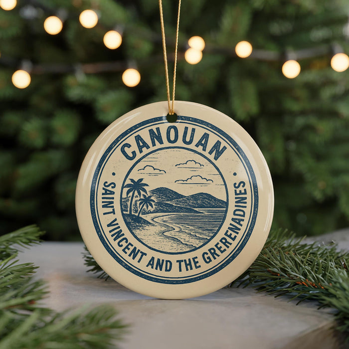 A circular ornament with a design featuring a beach and palm trees, surrounded by Christmas lights.