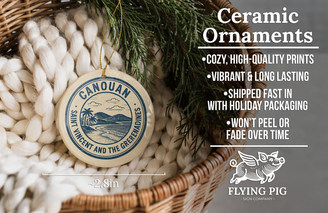 Ceramic ornaments, featuring a round ornament with a blue and white design, hanging from a wicker basket with greenery.