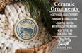 Ceramic ornaments, featuring a round ornament with a blue and white design, hanging from a wicker basket with greenery.