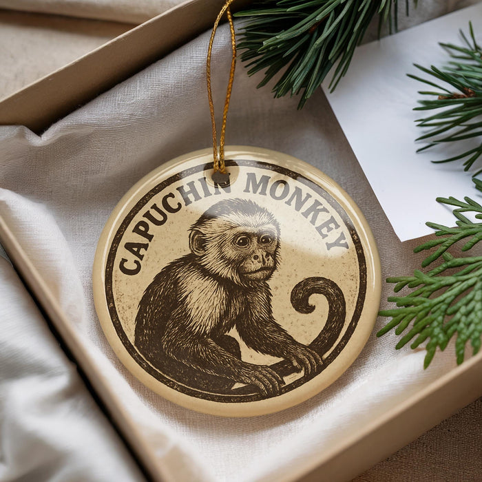 A decorative ornament featuring a monkey sitting on a branch, with the text "CAPUCHIN MONKEY" printed on it.
