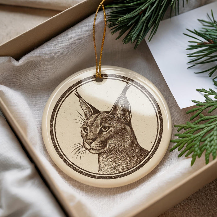 A round ornament featuring a detailed illustration of a cat's face, with a pine branch and a white card visible in the background.
