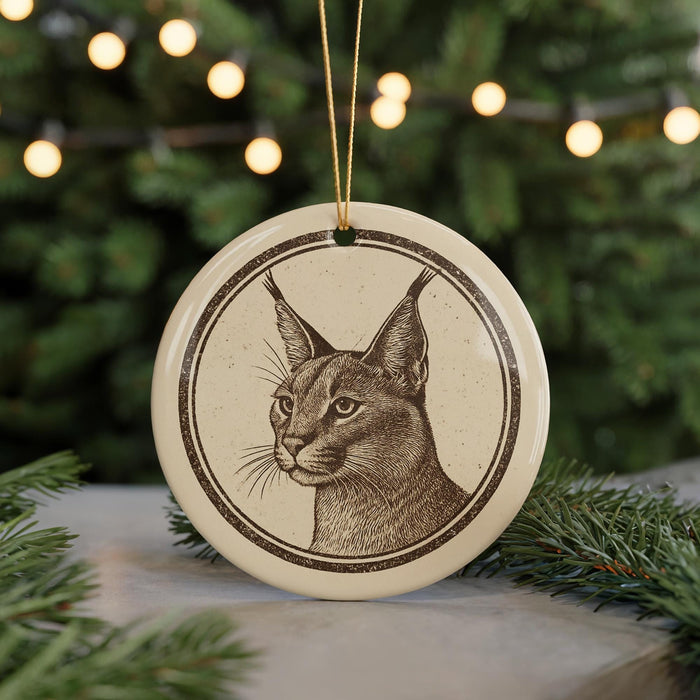A round ornament featuring a detailed illustration of a cat's face, with a blurred background of greenery and twinkling lights.