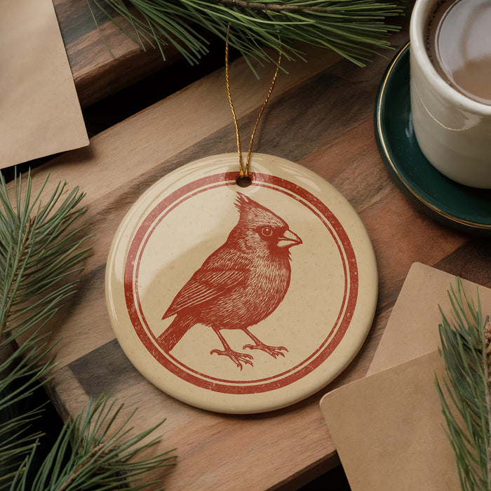 a round ornament with a red bird design, placed on a wooden surface next to a cup of coffee and some pine branches.