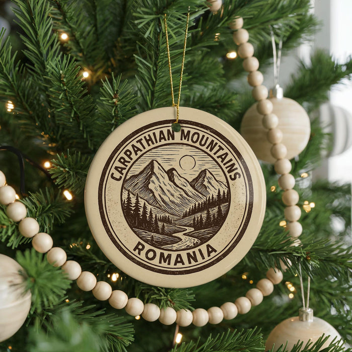 A Christmas tree decorated with ornaments, including a circular ornament with a mountain landscape and the text "CARPATHIAN MOUNTAINS ROMANIA" printed on it.