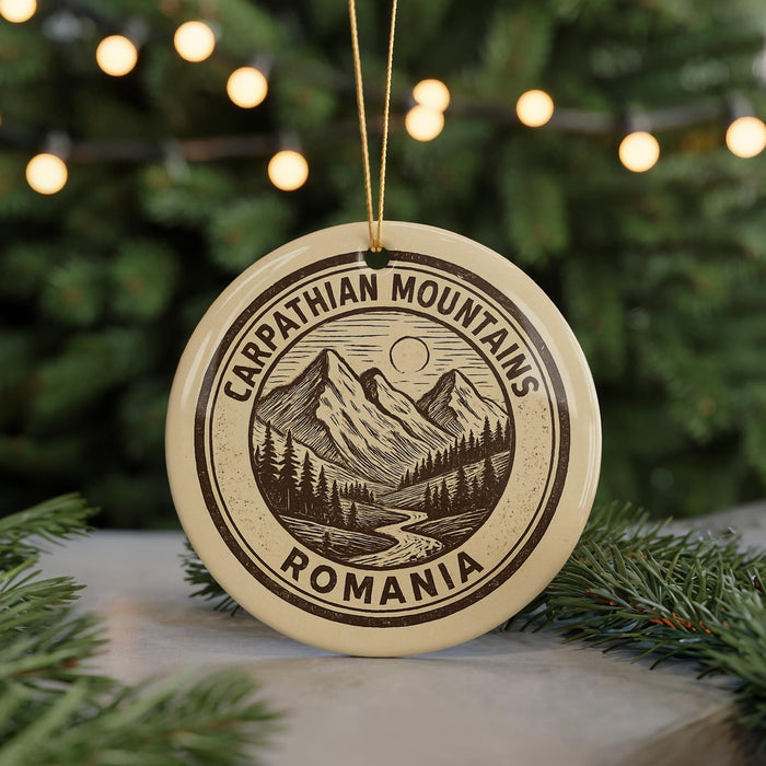 A circular ornament with the text "CARPATHIAN MOUNTAINS ROMANIA" and an illustration of a mountain landscape with pine trees and a river.