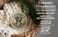 Ceramic ornaments, specifically a leopard dog ornament, are displayed in a basket with greenery.