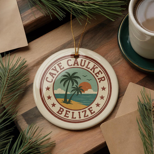 A circular ornament with the text "CAVE CAUKER BELIZE" and a palm tree design, placed on a wooden surface next to a cup of coffee and some pine branches.