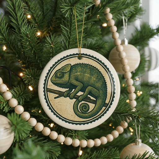 Chameleon Ceramic Ornament – Circular Stamp Style Animal Art, Colorful Reptile Christmas Tree Decoration, Nature Lover Gift