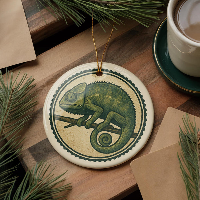 a ceramic ornament with a chameleon design, placed on a wooden surface alongside a cup of coffee and some pine branches.