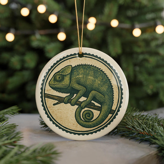 A round ornament featuring a chameleon perched on a branch, with a blurred background of pine trees and twinkling lights.