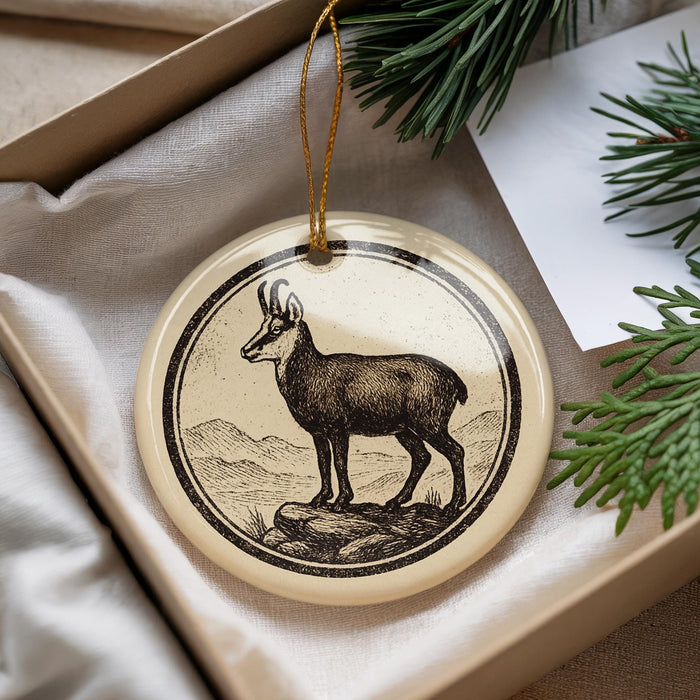 A decorative ornament featuring a black and white illustration of a mountain goat standing on a rock.