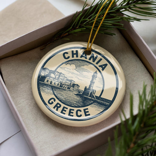 A circular ornament with the text "CHANIA GREECE" printed on it, surrounded by a decorative border. The ornament is placed inside a box, with pine branches visible in the background.